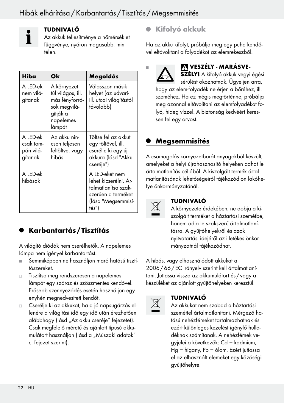 Megfelelőségi nyilatkozat / garancia / szerviz, Karbantartás / tisztítás, Kifolyó akkuk | Megsemmisítés | Livarno 54317 User Manual | Page 22 / 37