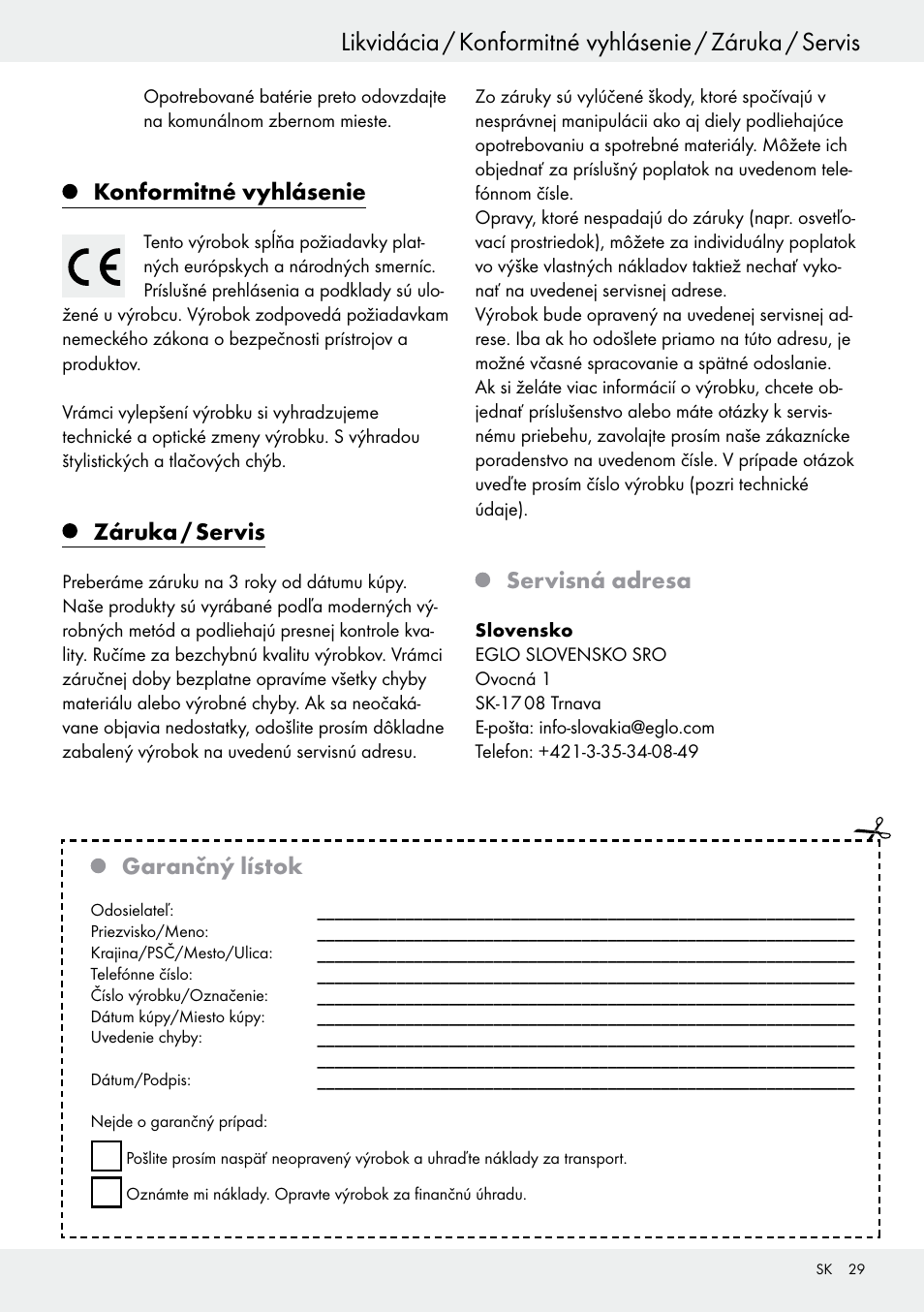 Konformitné vyhlásenie, Záruka / servis, Servisná adresa | Garančný lístok | Livarno 54317 User Manual | Page 29 / 37