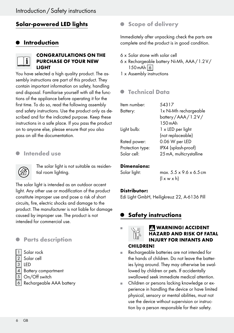 Solar-powered led lights, Introduction, Intended use | Parts description, Scope of delivery, Technical data, Safety instructions | Livarno 54317 User Manual | Page 6 / 37