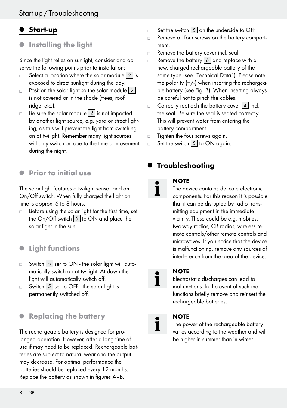 Start-up installing the light, Prior to initial use, Light functions | Replacing the battery, Troubleshooting | Livarno 54317 User Manual | Page 8 / 37