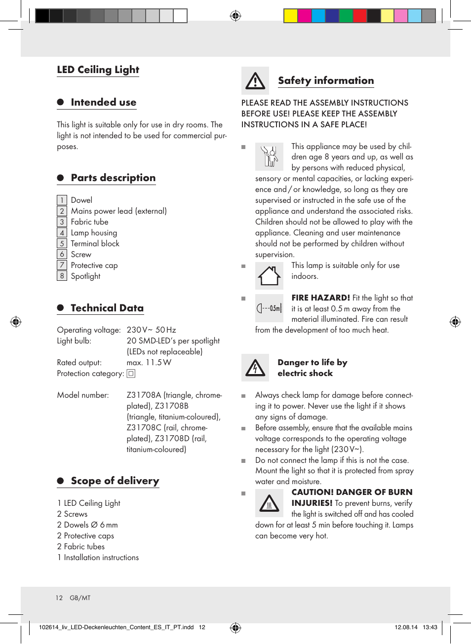 Led ceiling light, Intended use, Parts description | Technical data, Scope of delivery, Safety information | Livarno Z31708A/Z31708B/ Z31708C/Z31708D User Manual | Page 12 / 21