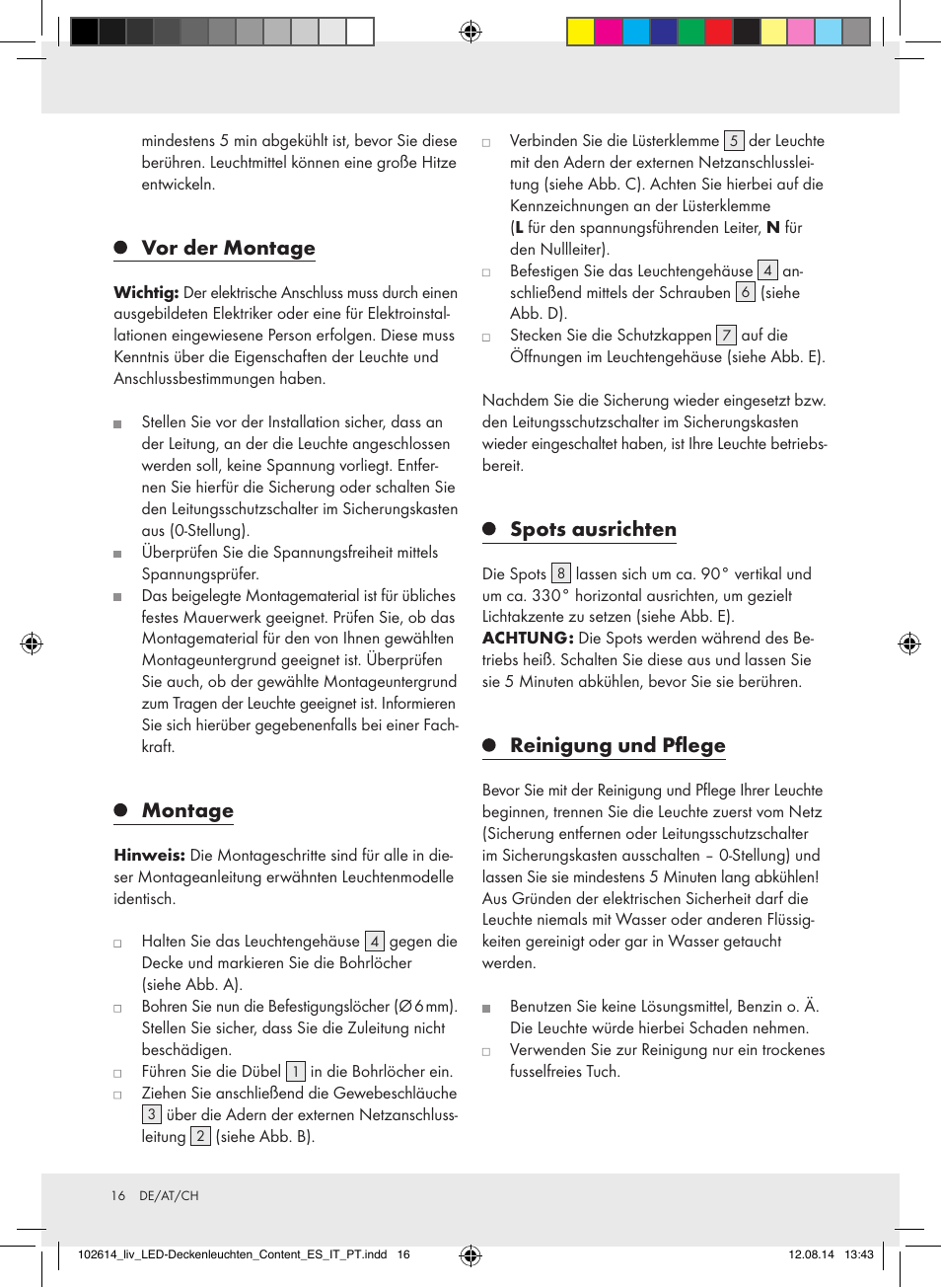 Vor der montage, Montage, Spots ausrichten | Reinigung und pflege | Livarno Z31708A/Z31708B/ Z31708C/Z31708D User Manual | Page 16 / 21