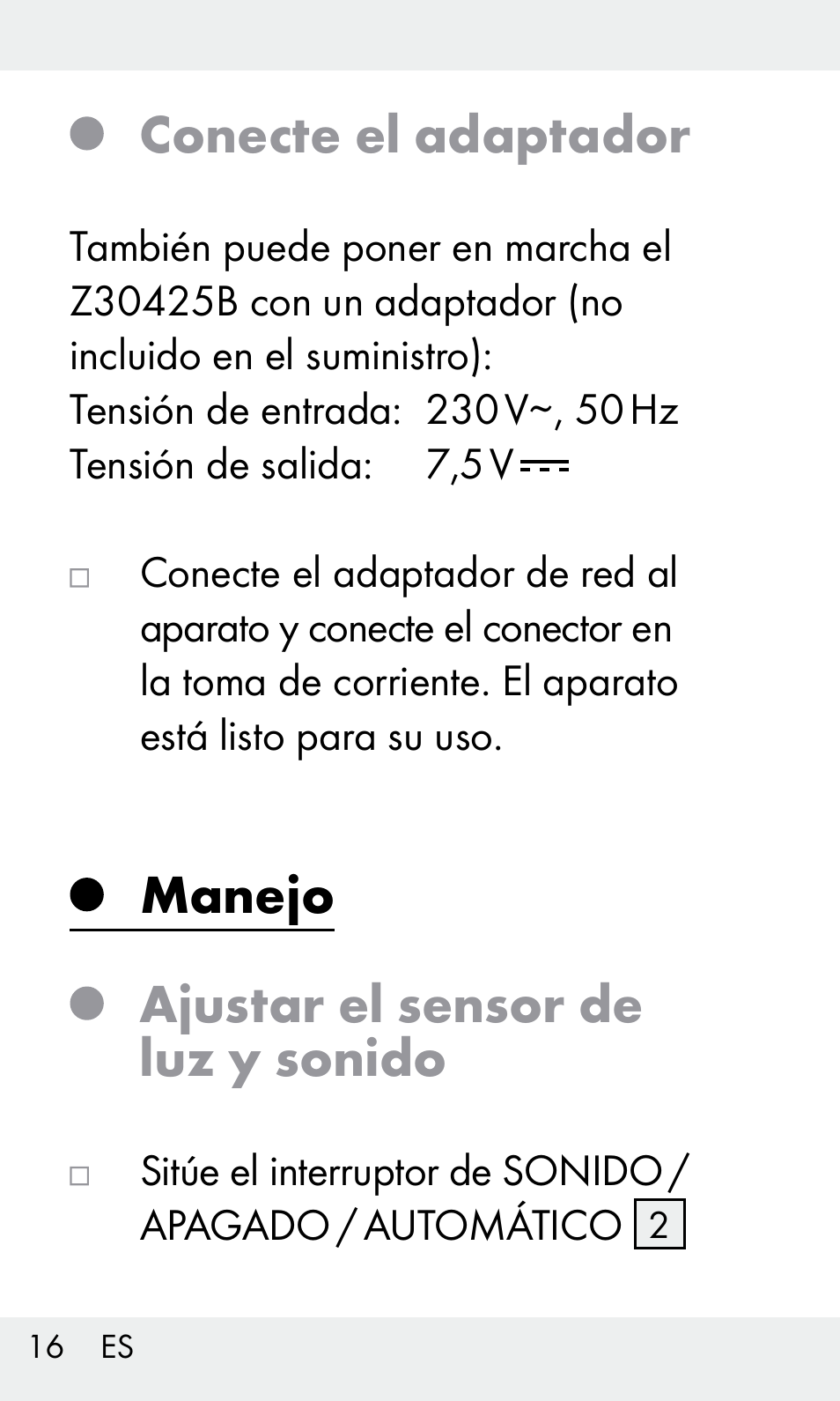 Conecte el adaptador, Manejo ajustar el sensor de luz y sonido | Livarno Z31603/Z30425B User Manual | Page 16 / 97