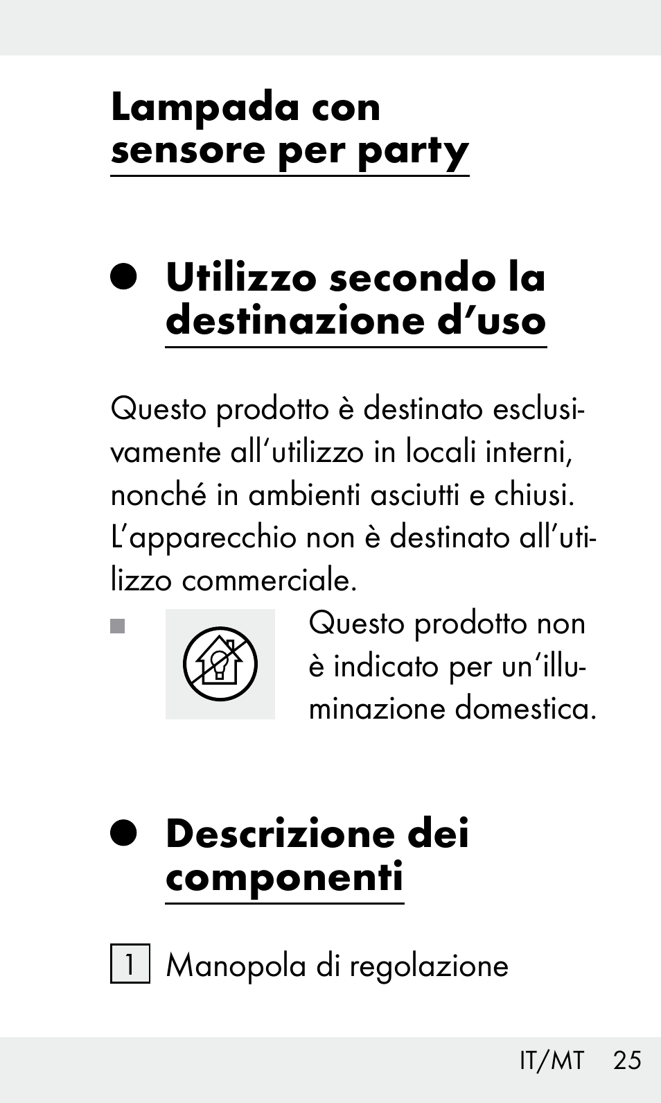 Lampada con sensore per party, Utilizzo secondo la destinazione d’uso, Descrizione dei componenti | Livarno Z31603/Z30425B User Manual | Page 25 / 97