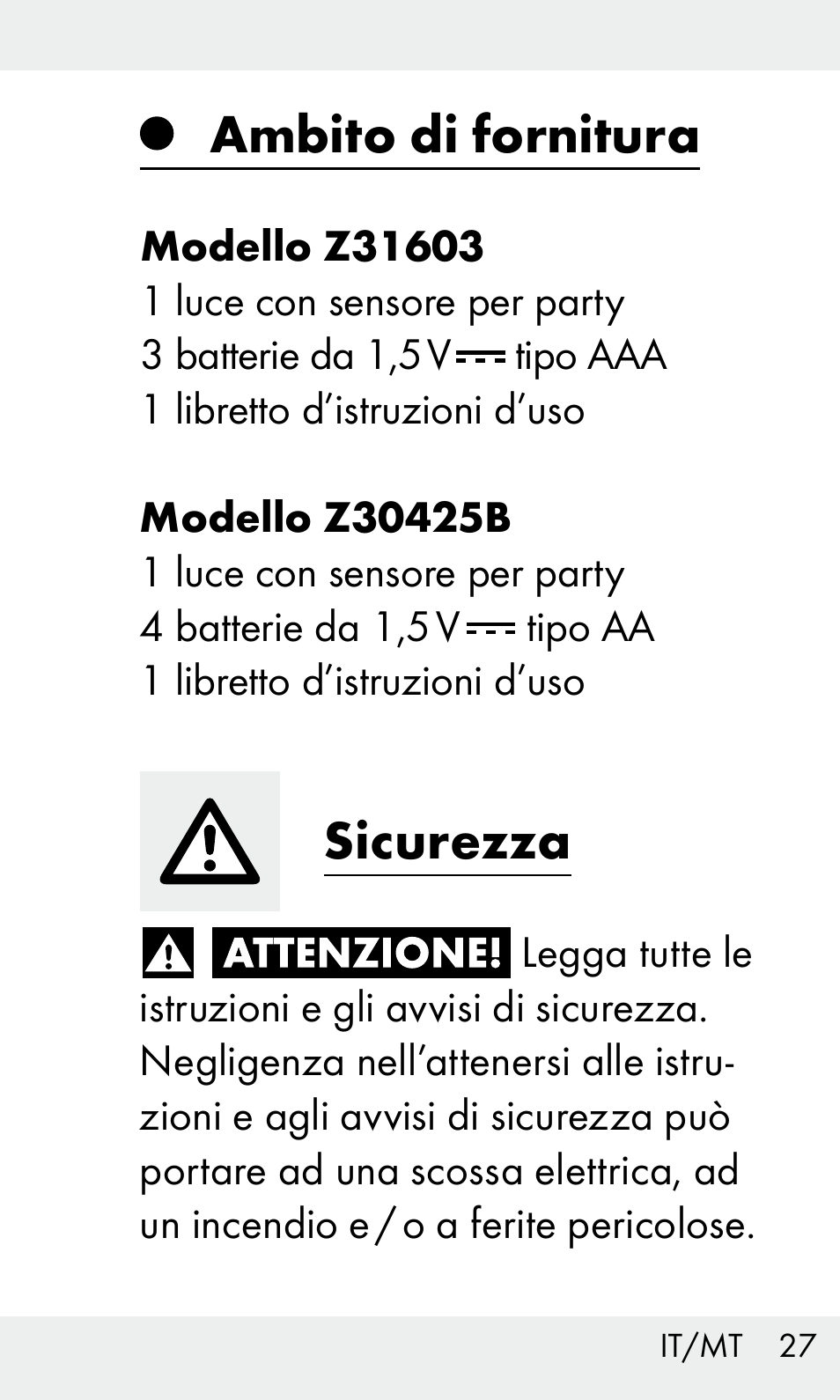 Ambito di fornitura, Sicurezza | Livarno Z31603/Z30425B User Manual | Page 27 / 97