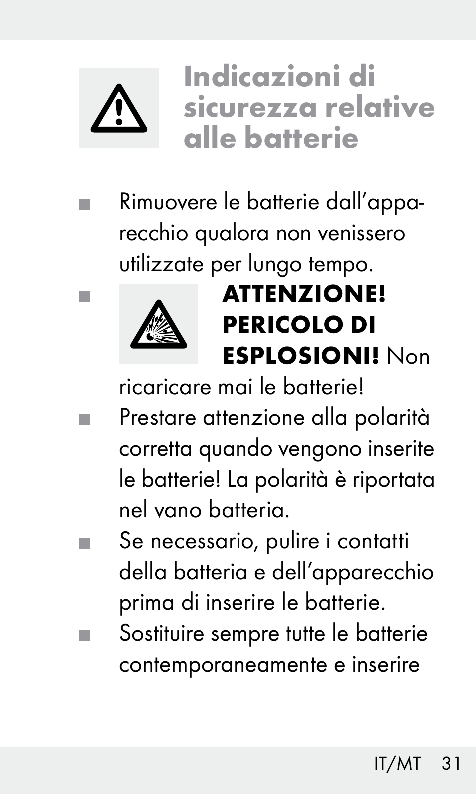 Indicazioni di sicurezza relative alle batterie | Livarno Z31603/Z30425B User Manual | Page 31 / 97