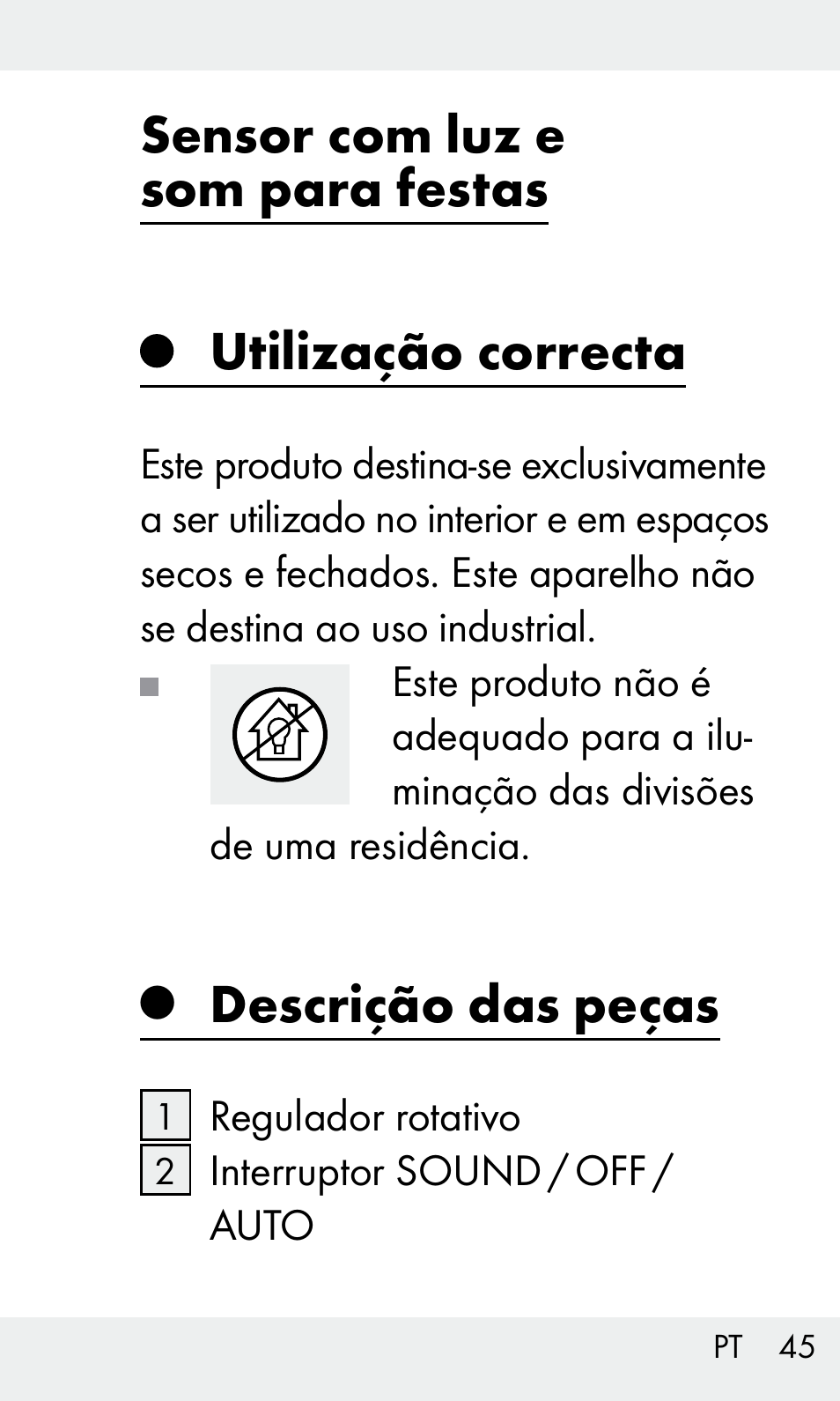 Sensor com luz e som para festas, Utilização correcta, Descrição das peças | Livarno Z31603/Z30425B User Manual | Page 45 / 97