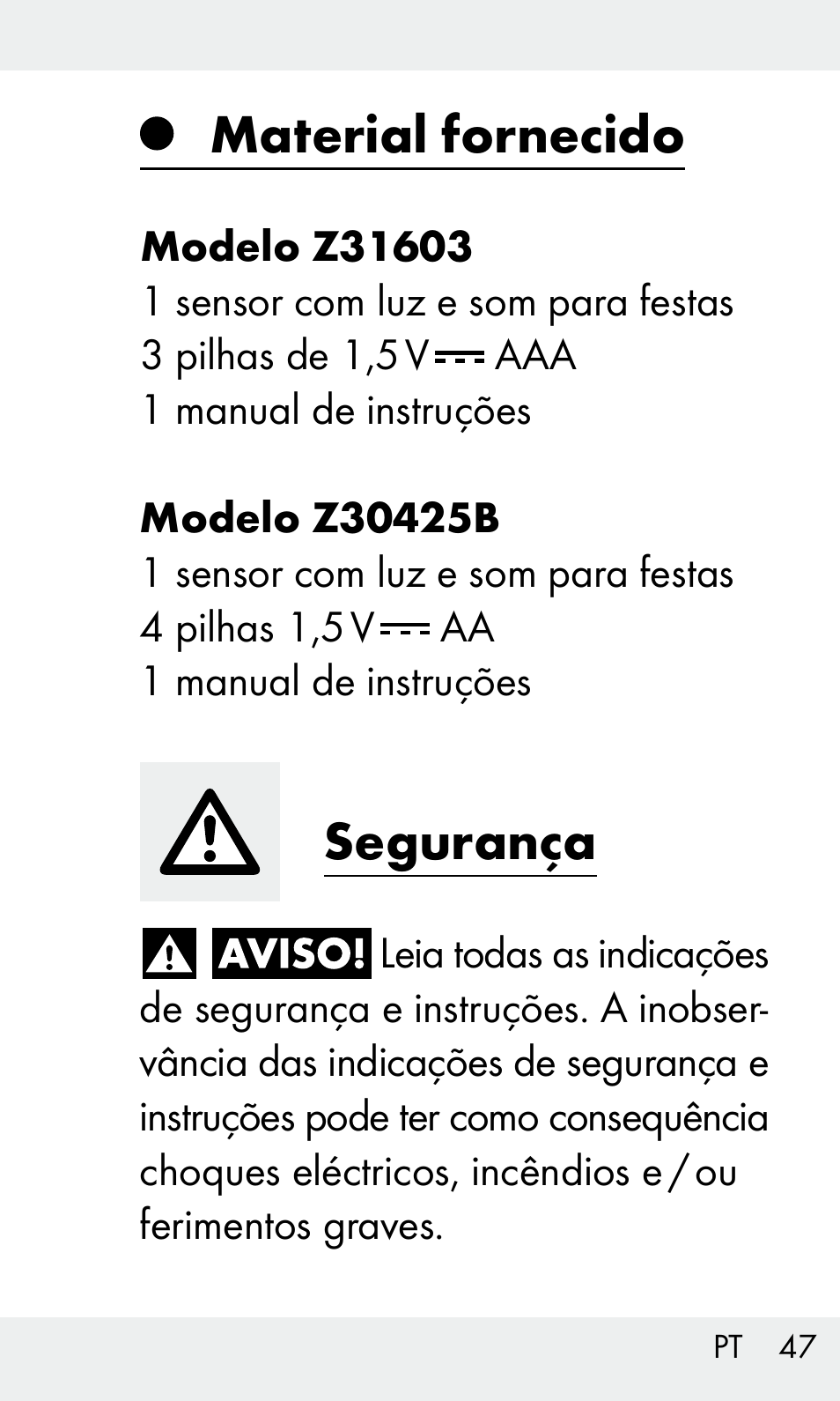 Material fornecido, Segurança | Livarno Z31603/Z30425B User Manual | Page 47 / 97