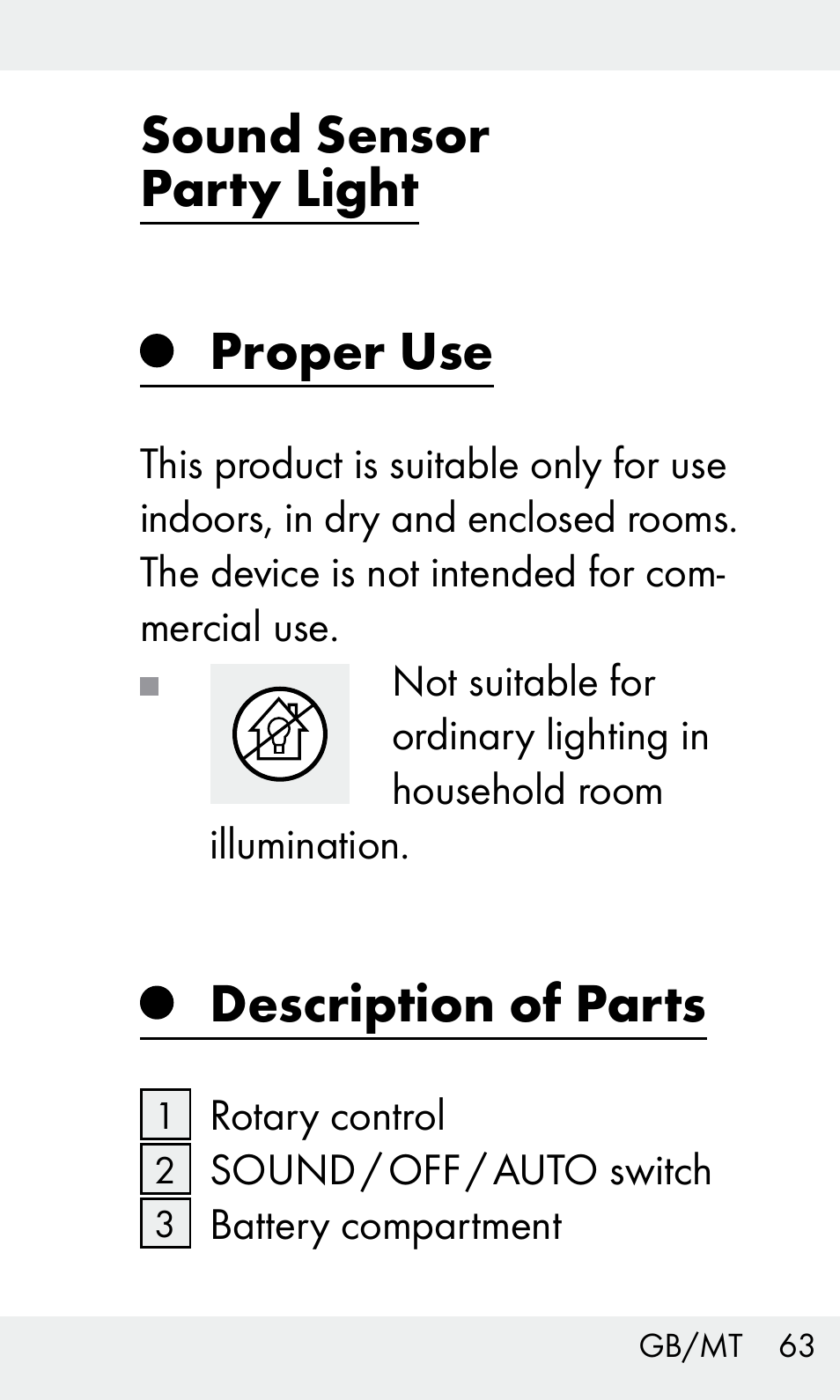 Sound sensor party light proper use, Description of parts | Livarno Z31603/Z30425B User Manual | Page 63 / 97