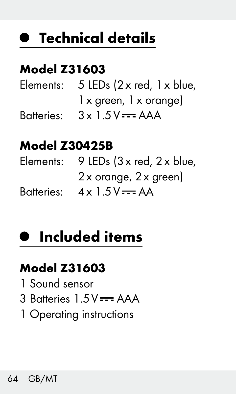 Technical details, Included items | Livarno Z31603/Z30425B User Manual | Page 64 / 97