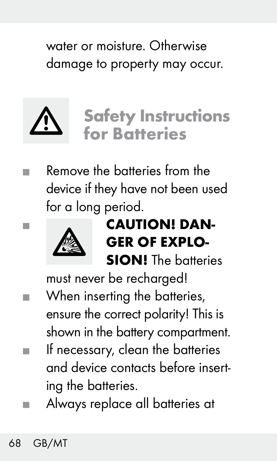 Safety instructions for batteries | Livarno Z31603/Z30425B User Manual | Page 68 / 97