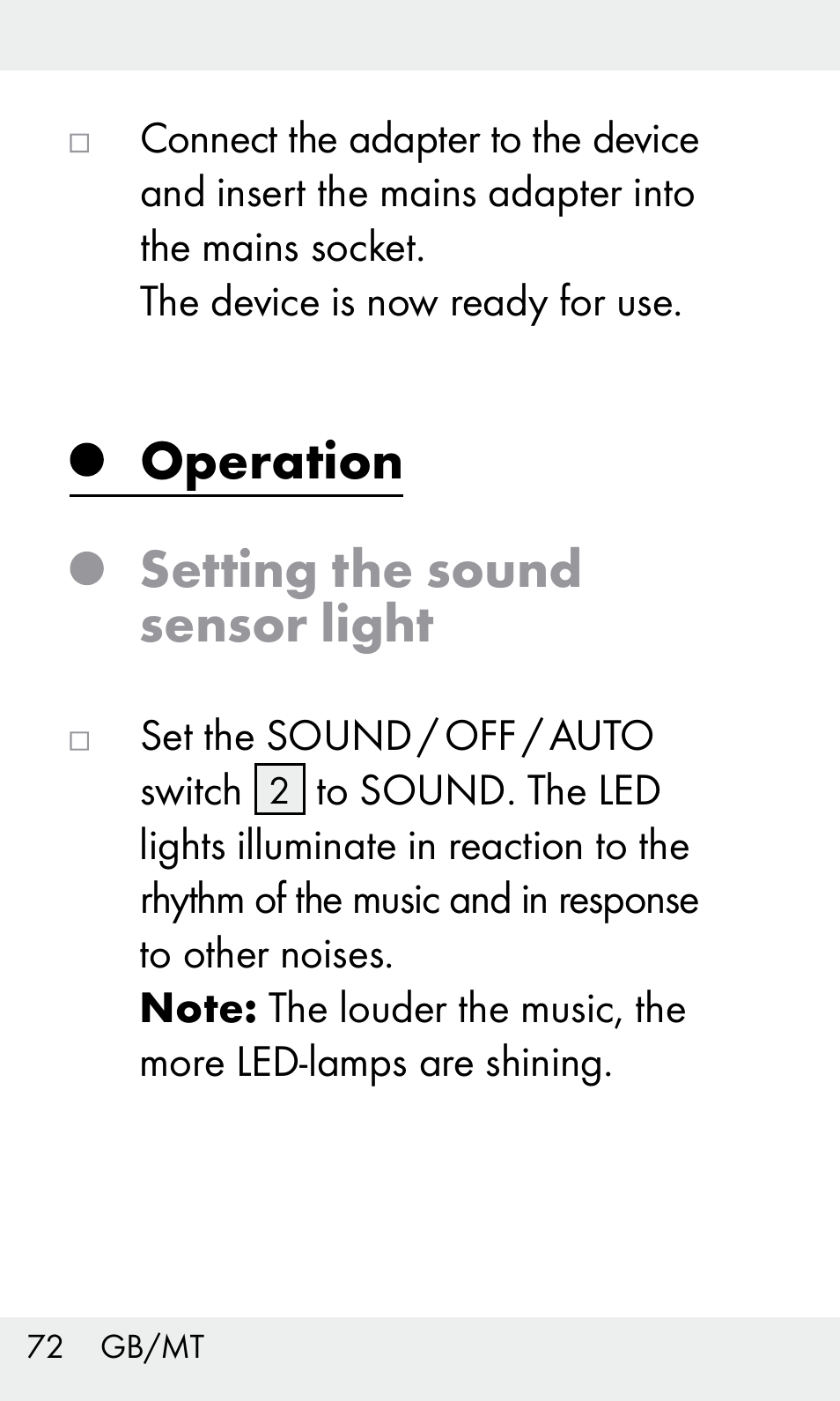 Operation setting the sound sensor light | Livarno Z31603/Z30425B User Manual | Page 72 / 97