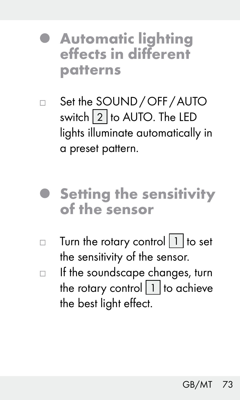 Automatic lighting effects in different patterns, Setting the sensitivity of the sensor | Livarno Z31603/Z30425B User Manual | Page 73 / 97