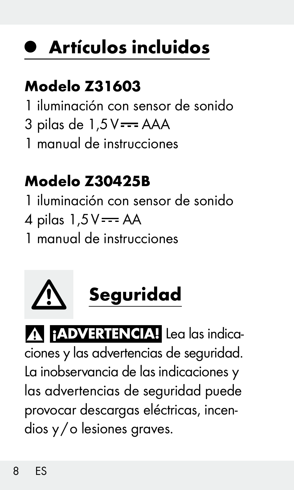 Artículos incluidos, Seguridad | Livarno Z31603/Z30425B User Manual | Page 8 / 97