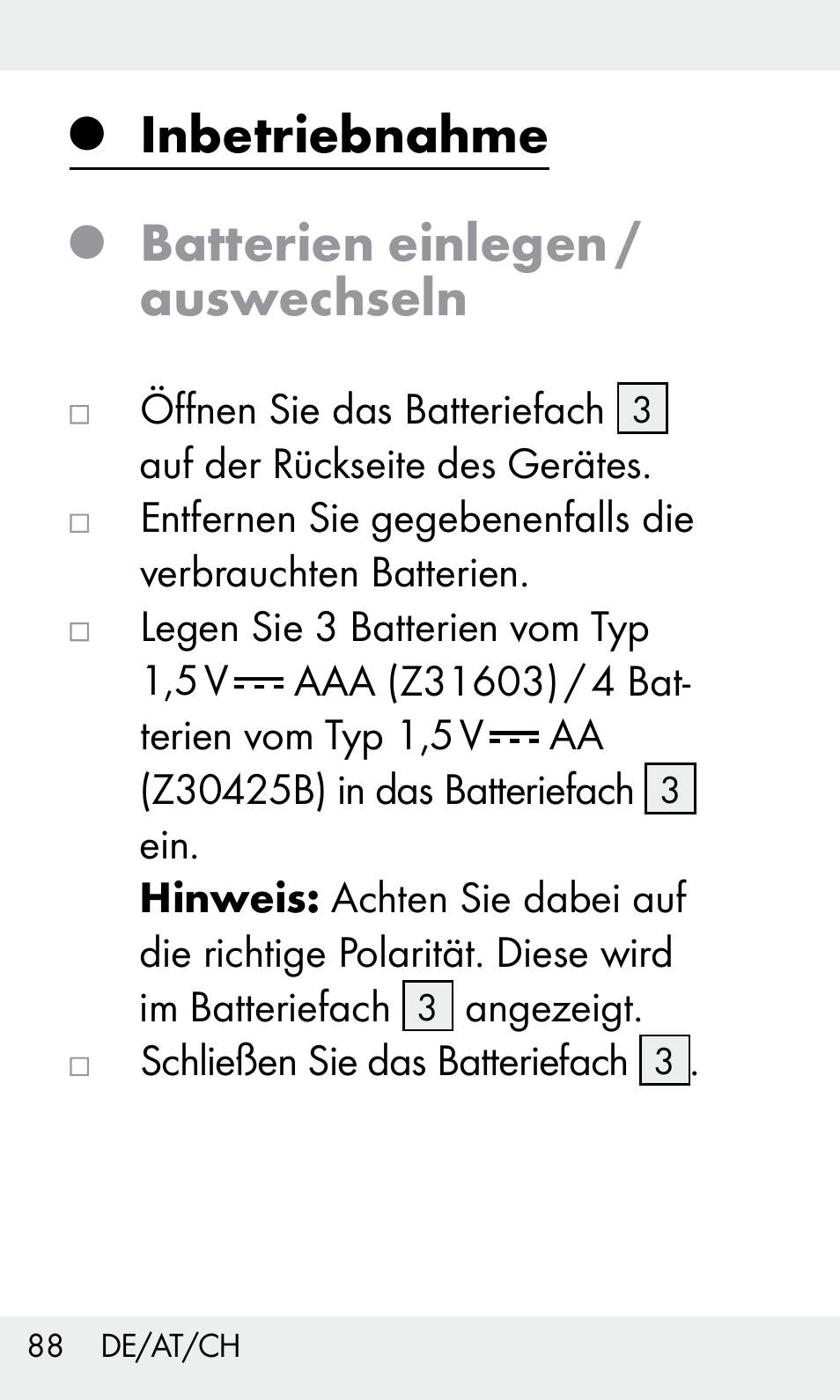 Inbetriebnahme batterien einlegen / auswechseln | Livarno Z31603/Z30425B User Manual | Page 88 / 97