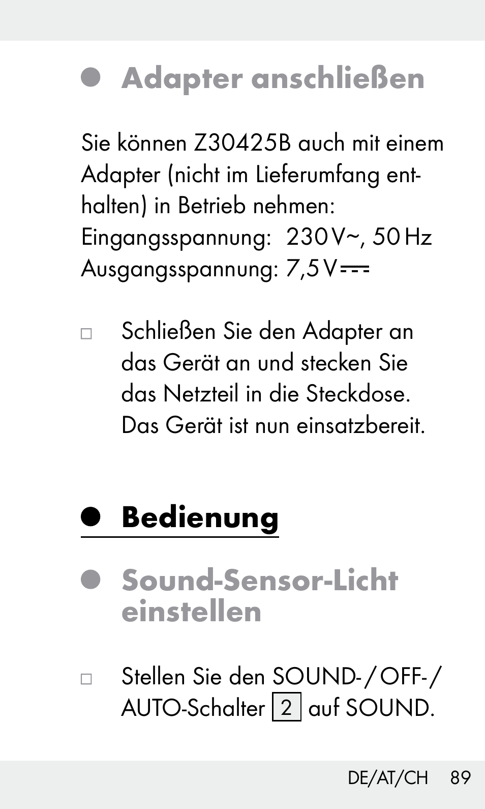 Adapter anschließen, Bedienung sound-sensor-licht einstellen | Livarno Z31603/Z30425B User Manual | Page 89 / 97