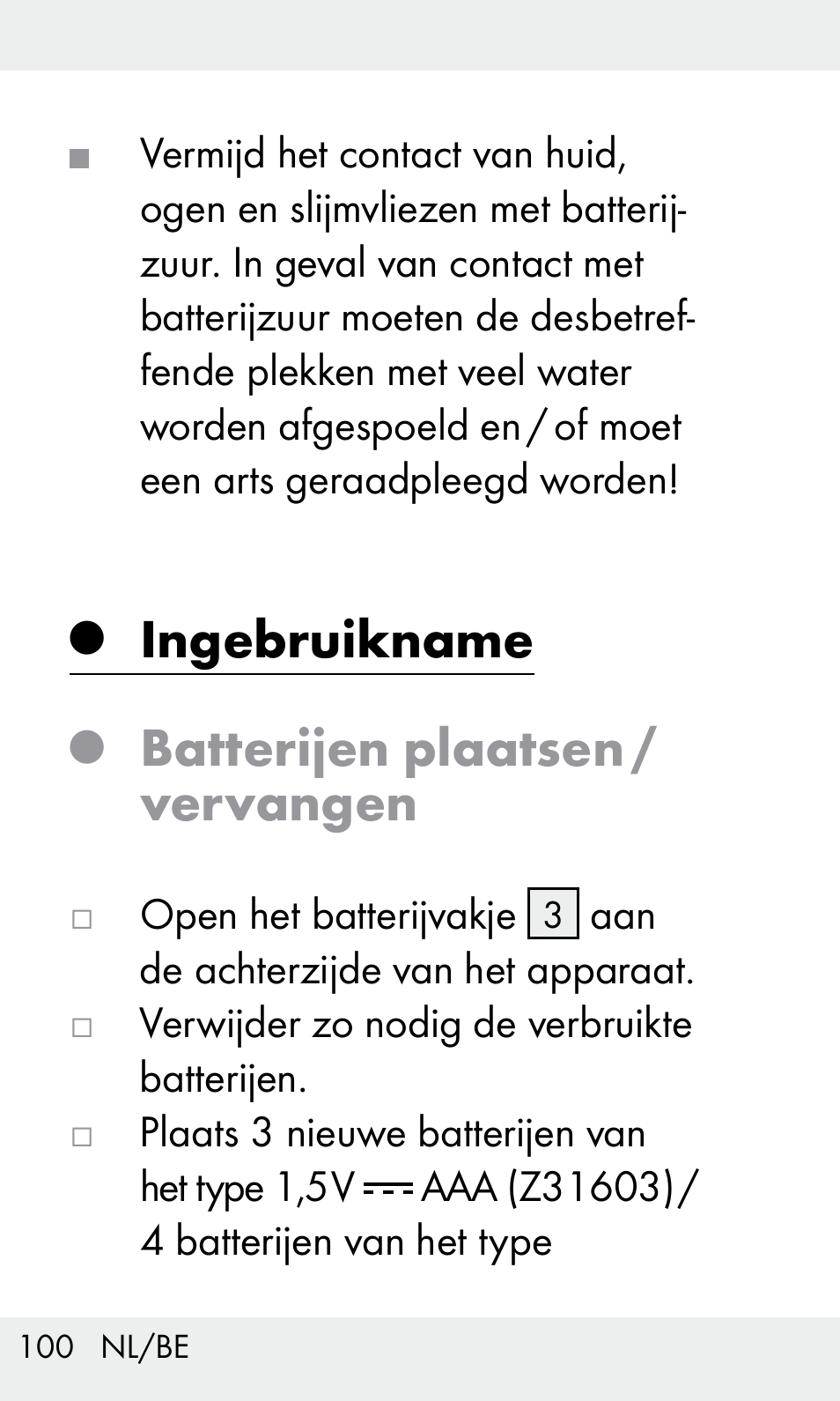 Ingebruikname, Batterijen plaatsen / vervangen | Livarno Z31603/Z30425B User Manual | Page 100 / 127