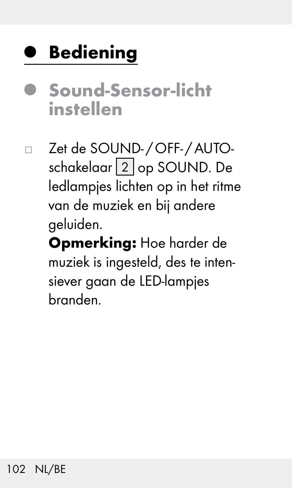 Bediening, Sound-sensor-licht instellen | Livarno Z31603/Z30425B User Manual | Page 102 / 127