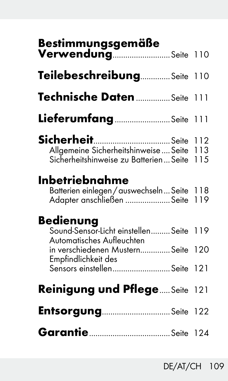 Bestimmungsgemäße verwendung, Teilebeschreibung, Technische daten | Lieferumfang, Sicherheit, Inbetriebnahme, Bedienung, Reinigung und pflege, Entsorgung, Garantie | Livarno Z31603/Z30425B User Manual | Page 109 / 127