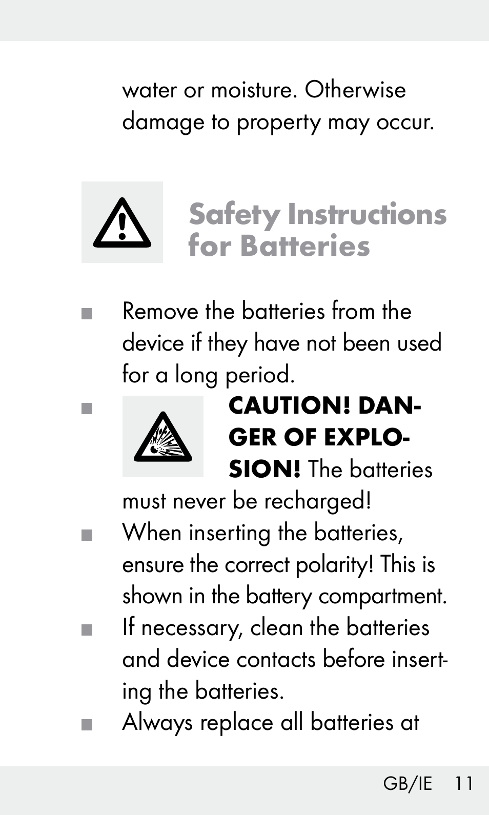 Safety instructions for batteries | Livarno Z31603/Z30425B User Manual | Page 11 / 127