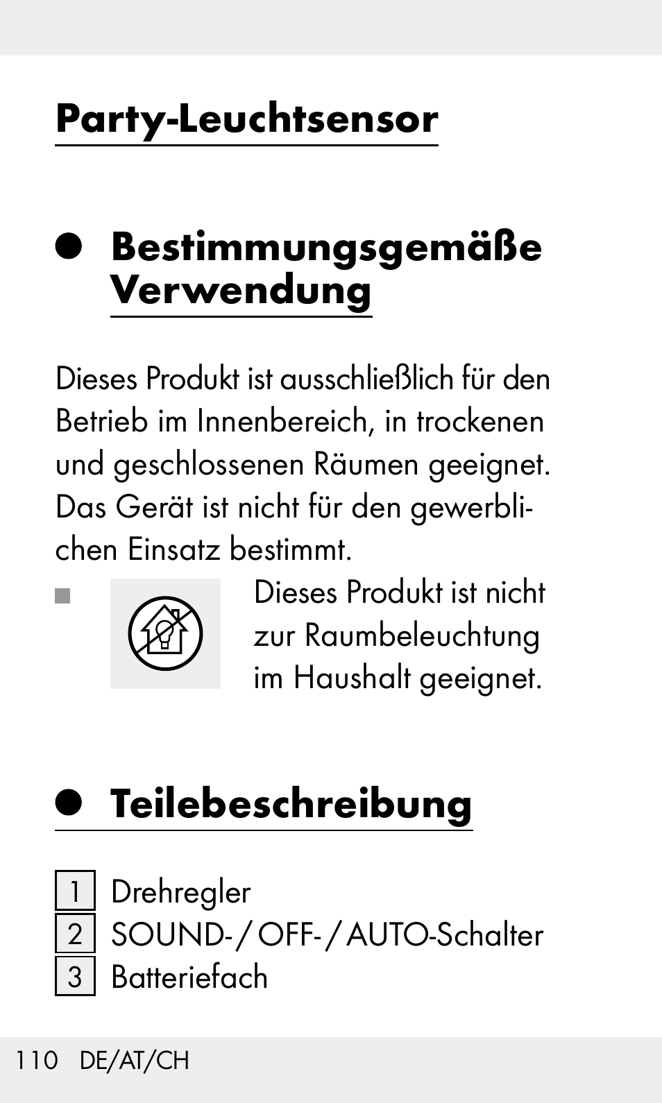 Party-leuchtsensor bestimmungsgemäße verwendung, Teilebeschreibung | Livarno Z31603/Z30425B User Manual | Page 110 / 127