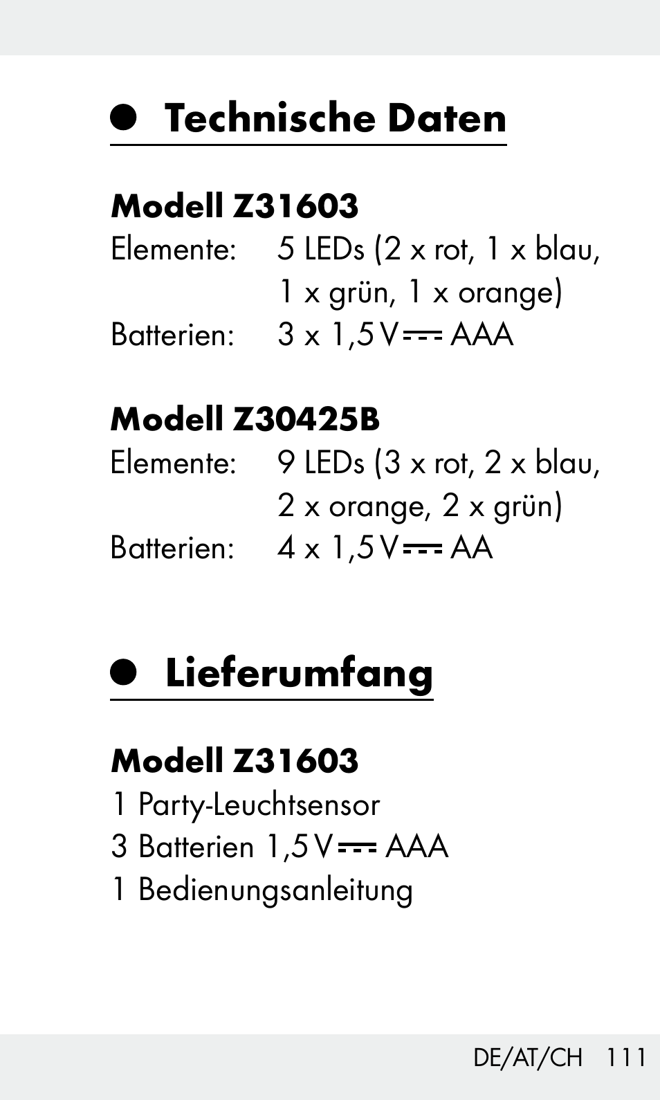 Technische daten, Lieferumfang | Livarno Z31603/Z30425B User Manual | Page 111 / 127