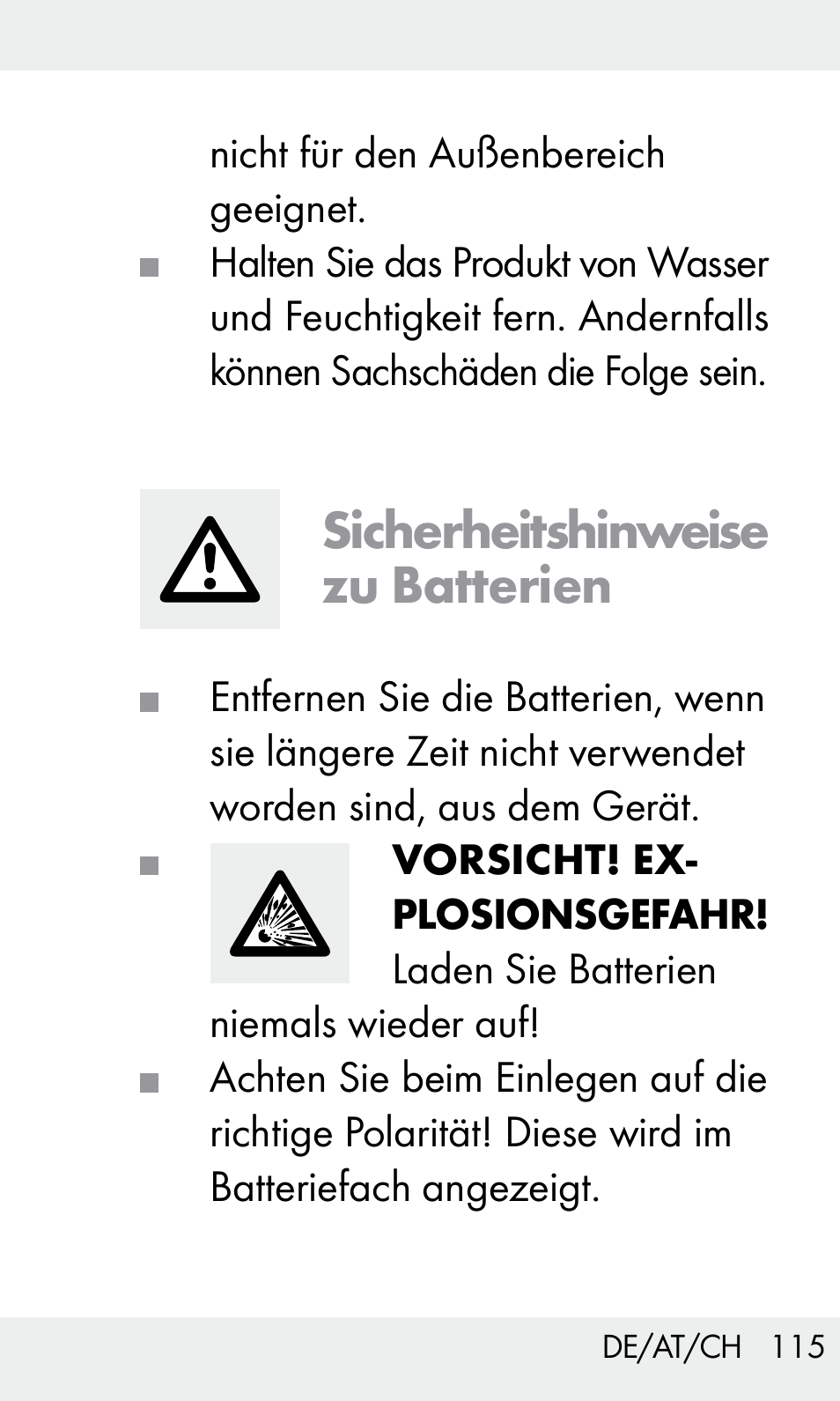 Sicherheitshinweise zu batterien | Livarno Z31603/Z30425B User Manual | Page 115 / 127