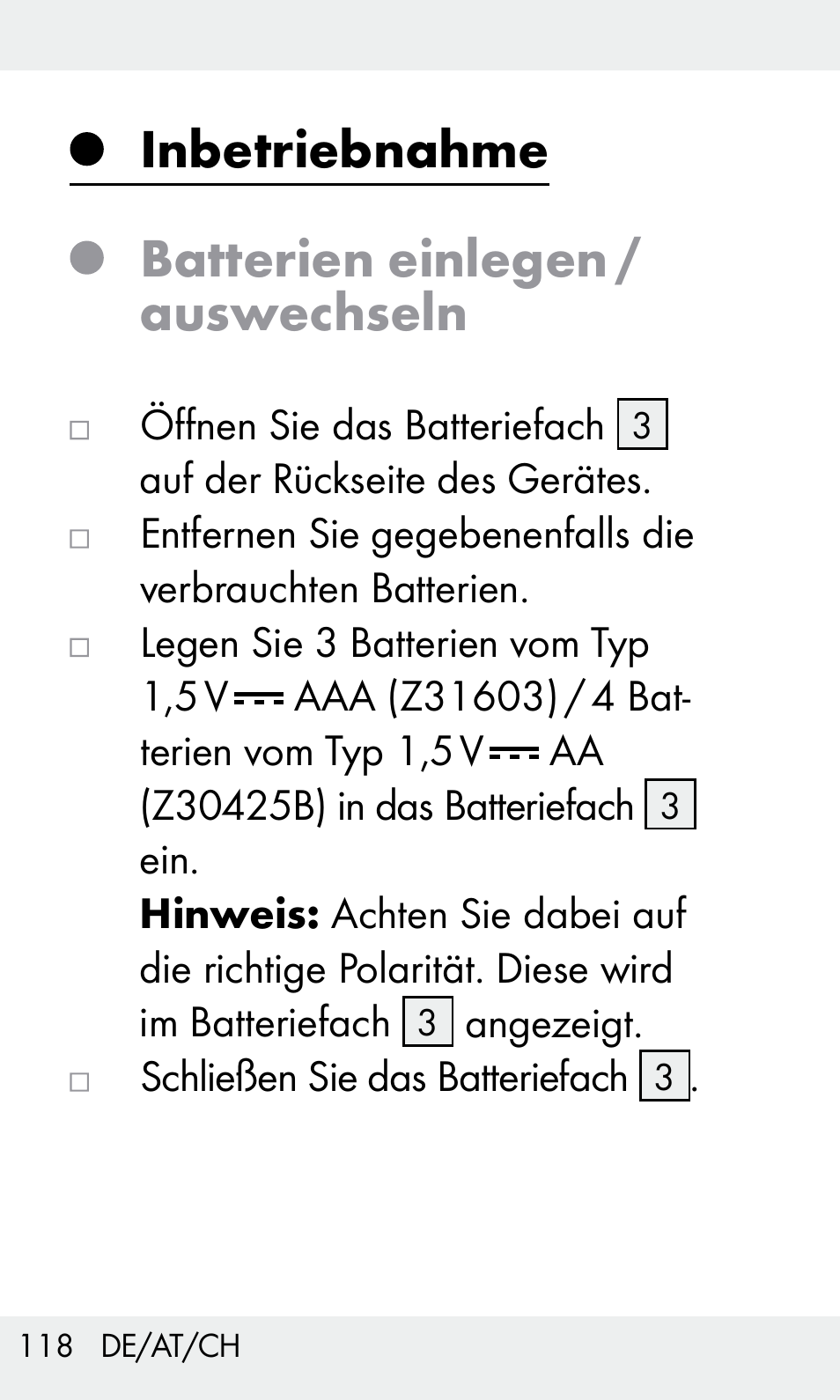 Inbetriebnahme batterien einlegen / auswechseln | Livarno Z31603/Z30425B User Manual | Page 118 / 127