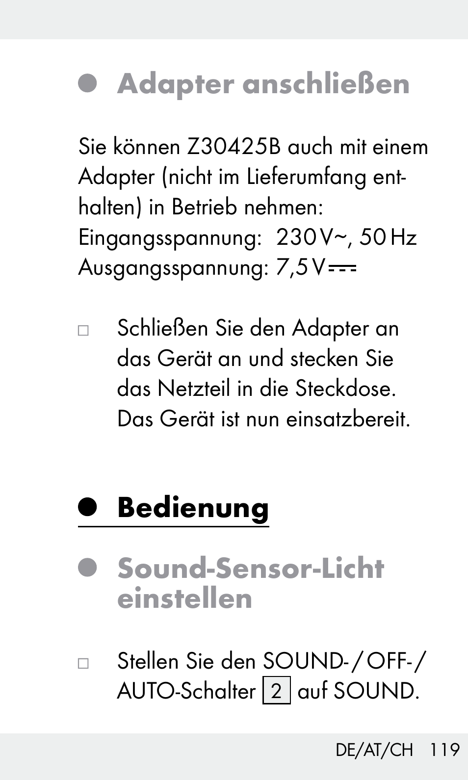 Adapter anschließen, Bedienung sound-sensor-licht einstellen | Livarno Z31603/Z30425B User Manual | Page 119 / 127