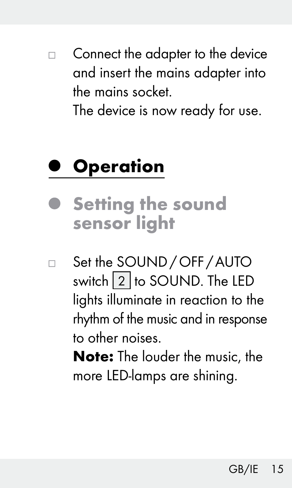 Operation setting the sound sensor light | Livarno Z31603/Z30425B User Manual | Page 15 / 127