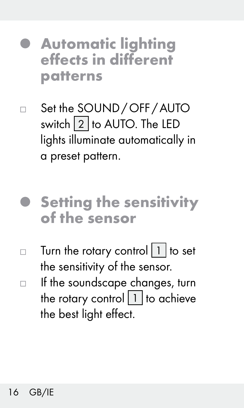 Automatic lighting effects in different patterns, Setting the sensitivity of the sensor | Livarno Z31603/Z30425B User Manual | Page 16 / 127