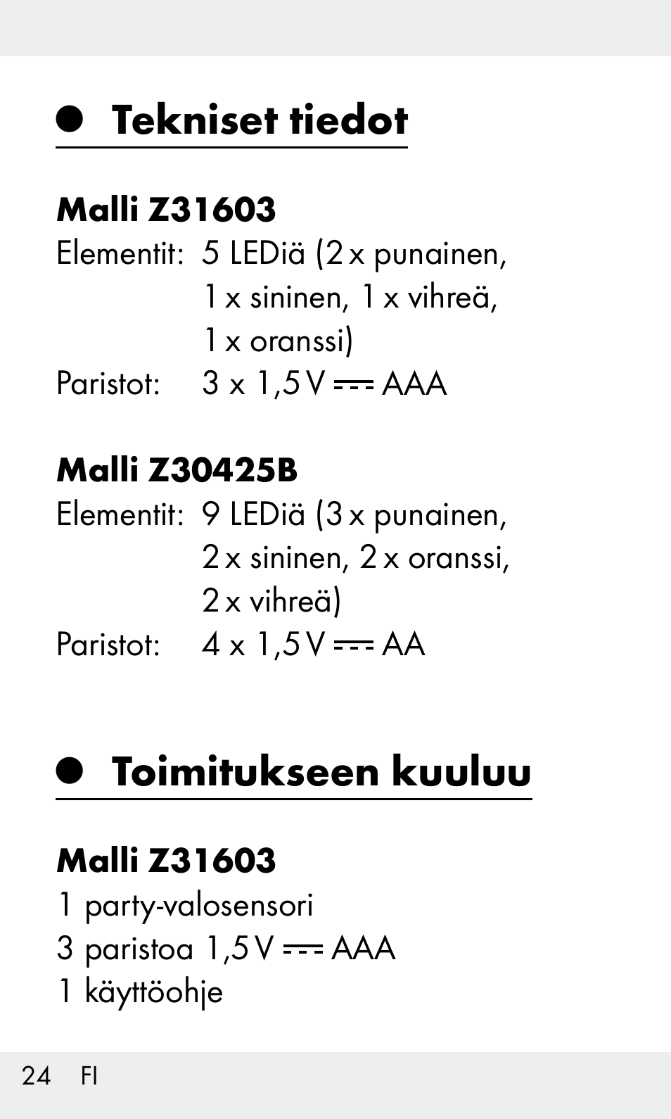 Tekniset tiedot, Toimitukseen kuuluu | Livarno Z31603/Z30425B User Manual | Page 24 / 127