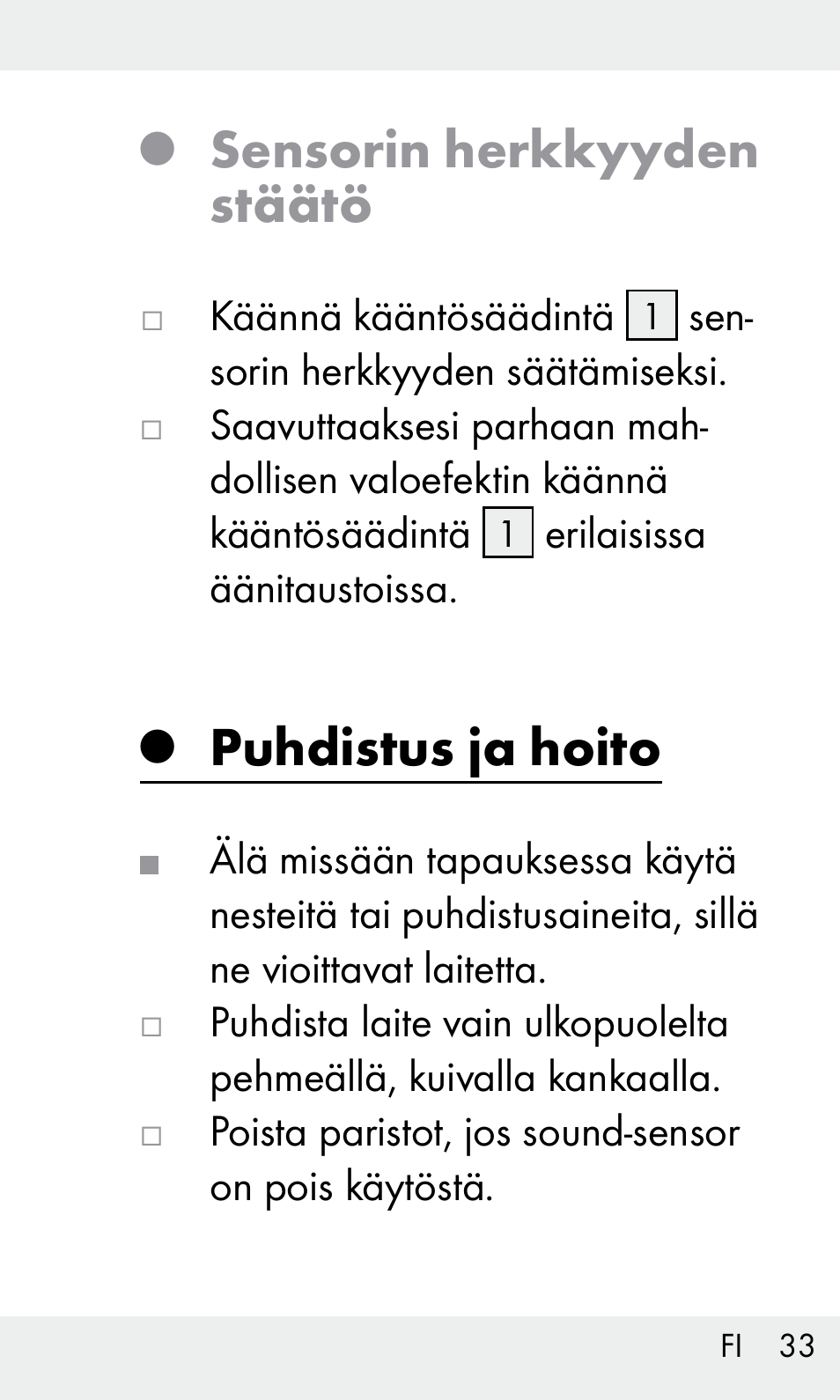 Sensorin herkkyyden stäätö, Puhdistus ja hoito | Livarno Z31603/Z30425B User Manual | Page 33 / 127