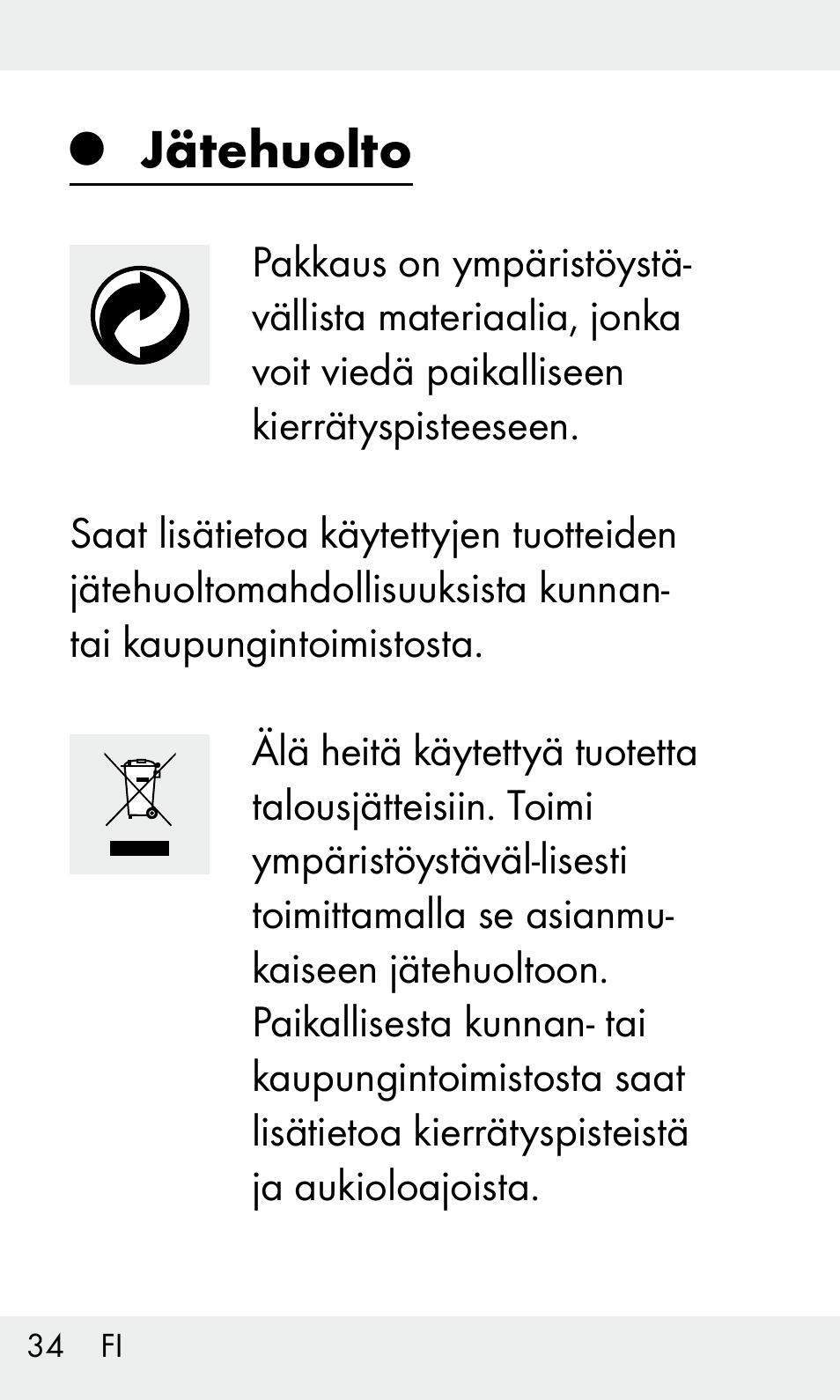 Jätehuolto | Livarno Z31603/Z30425B User Manual | Page 34 / 127