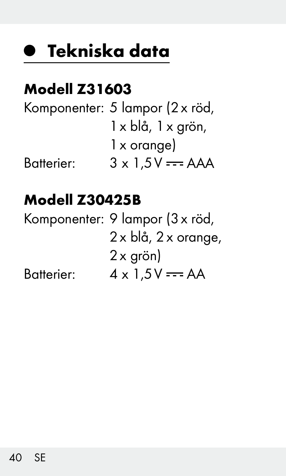 Tekniska data | Livarno Z31603/Z30425B User Manual | Page 40 / 127