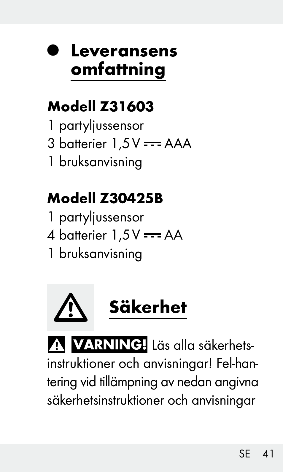 Leveransens omfattning, Säkerhet | Livarno Z31603/Z30425B User Manual | Page 41 / 127