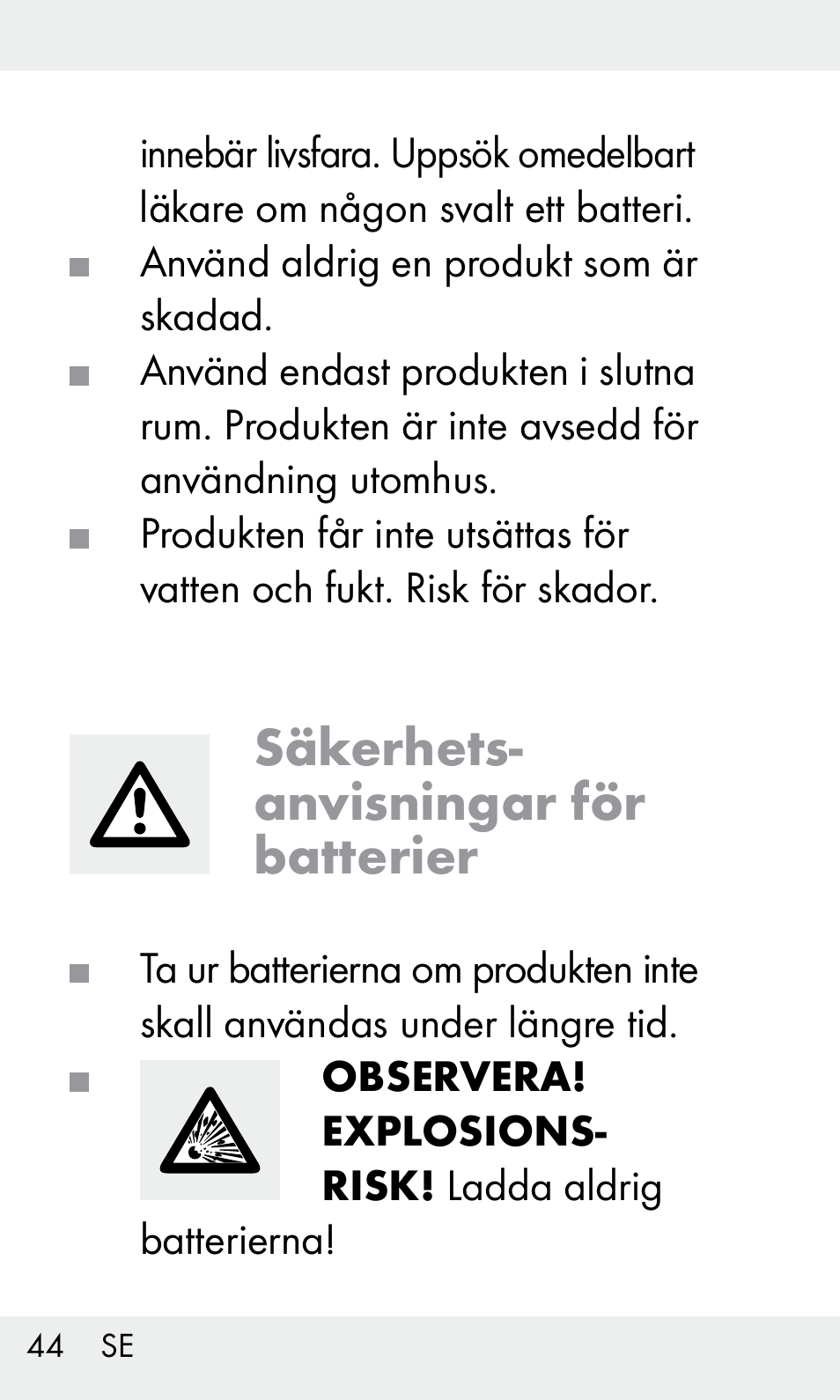 Säkerhets- anvisningar för batterier | Livarno Z31603/Z30425B User Manual | Page 44 / 127