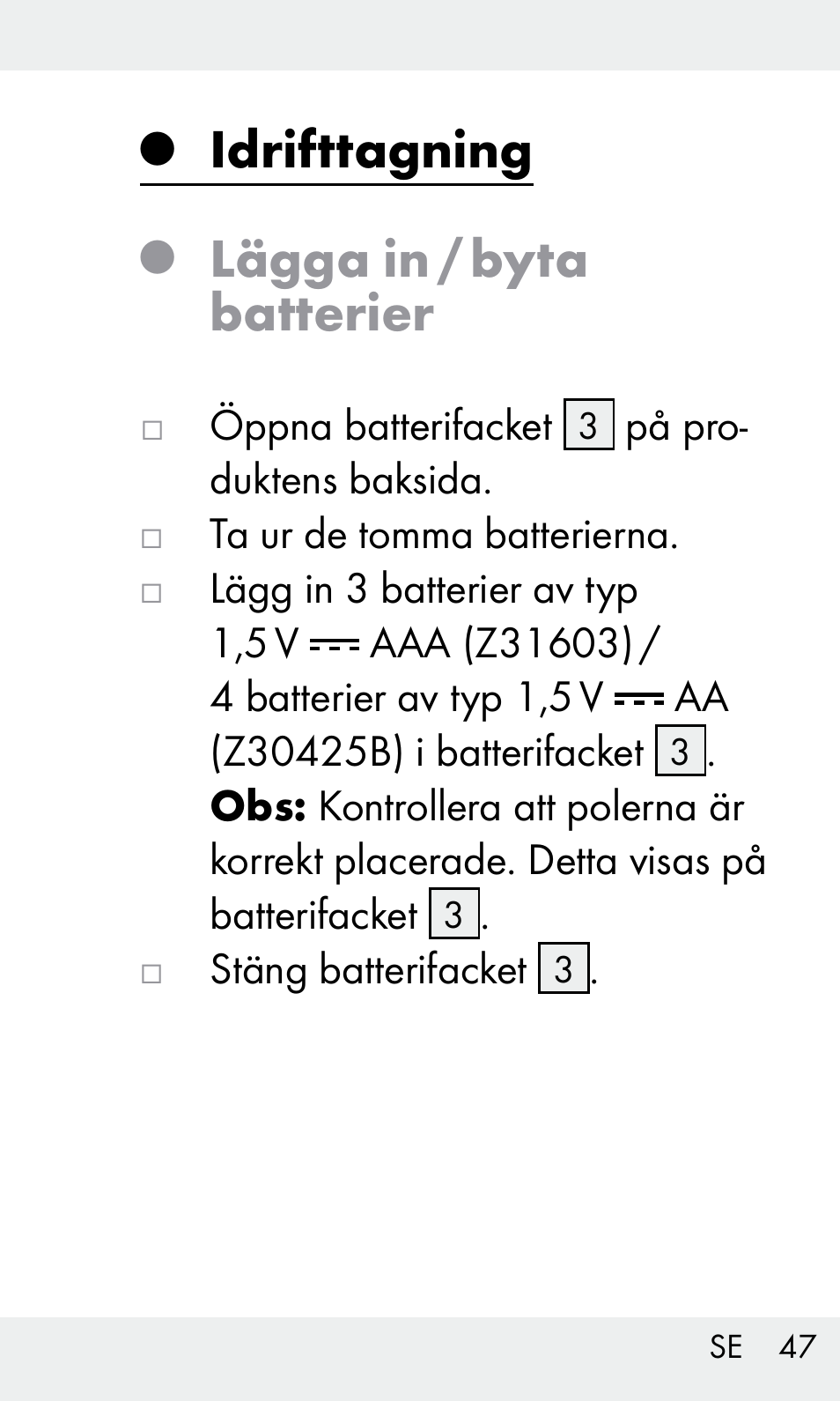 Idrifttagning, Lägga in / byta batterier | Livarno Z31603/Z30425B User Manual | Page 47 / 127