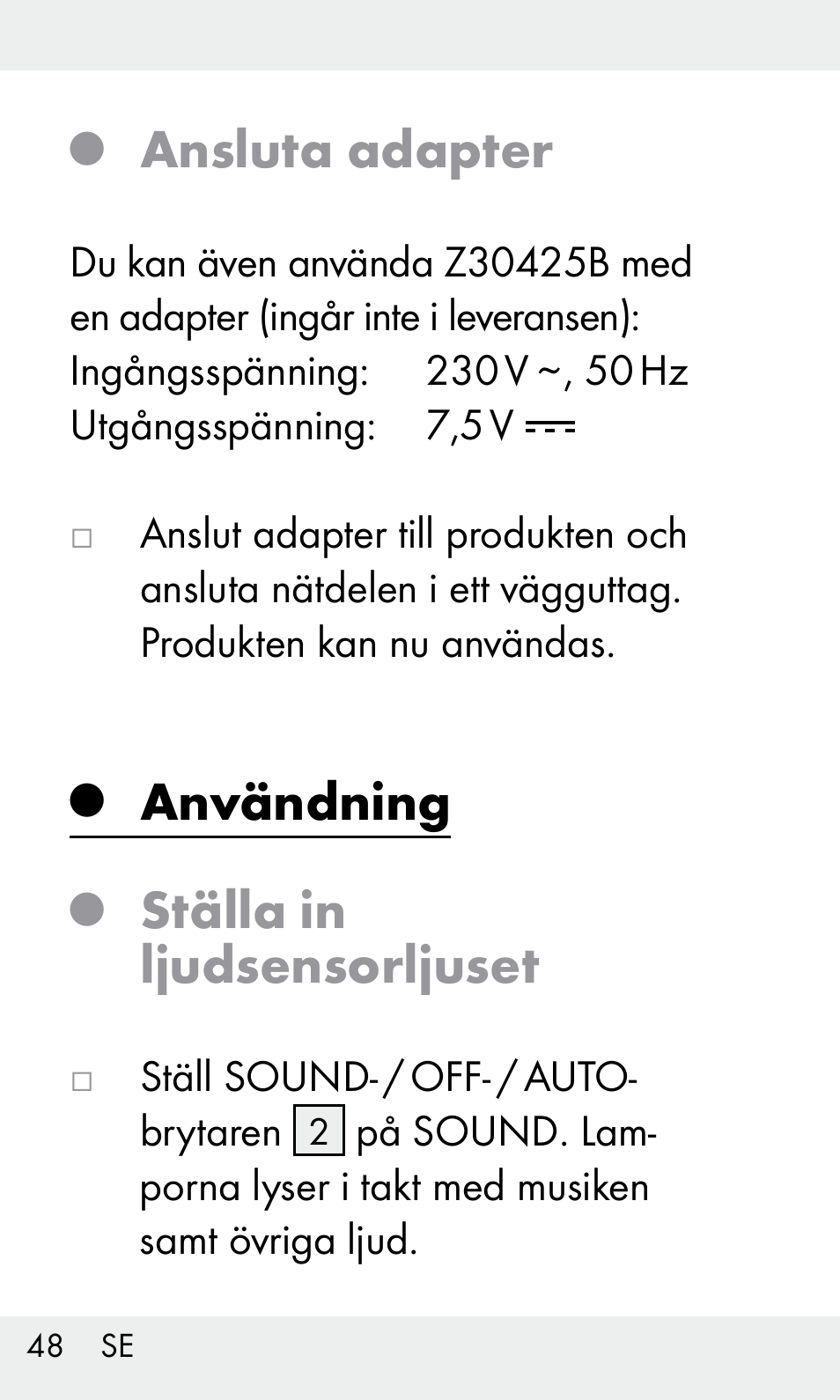 Ansluta adapter, Användning, Ställa in ljudsensorljuset | Livarno Z31603/Z30425B User Manual | Page 48 / 127