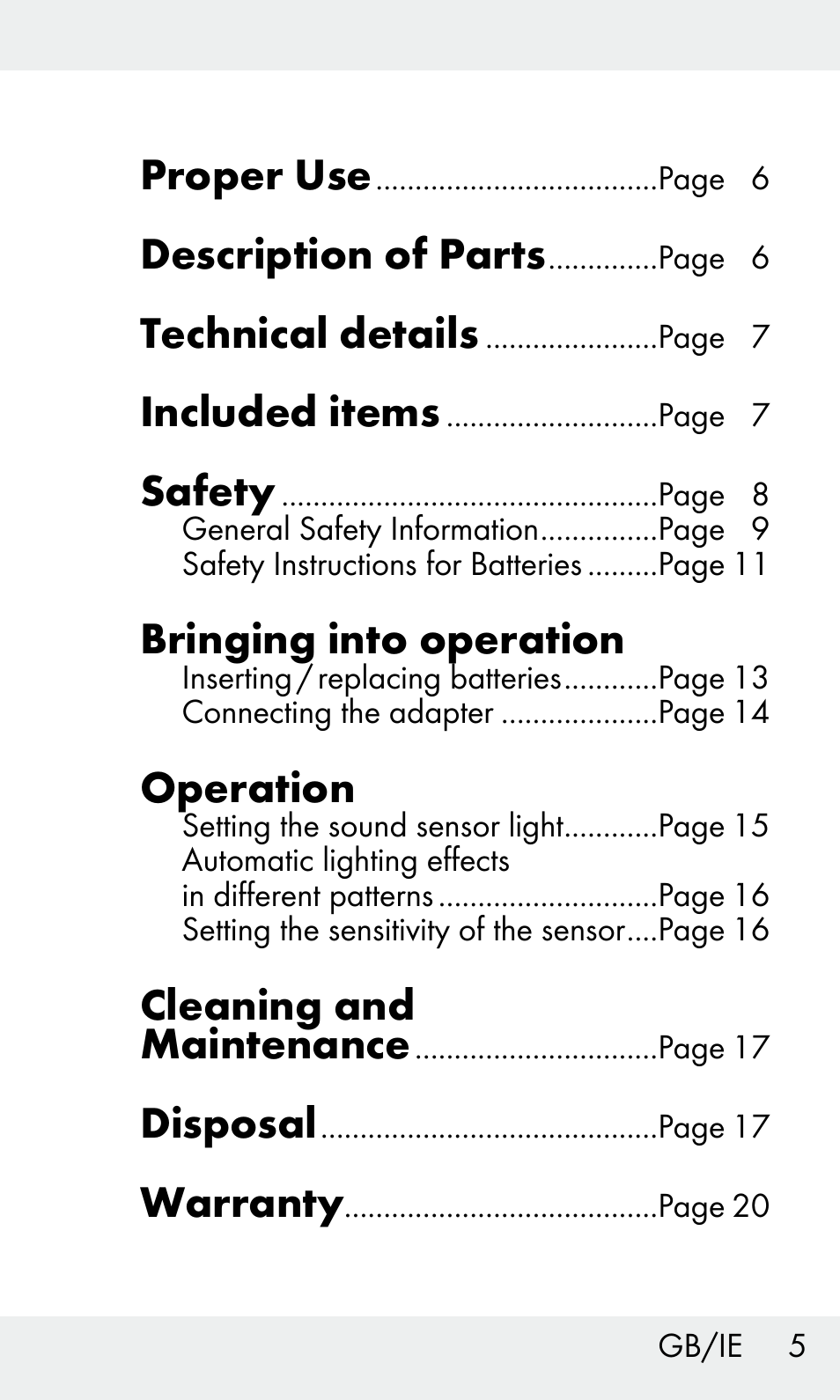 Proper use, Description of parts, Technical details | Included items, Safety, Bringing into operation, Operation, Cleaning and maintenance, Disposal, Warranty | Livarno Z31603/Z30425B User Manual | Page 5 / 127