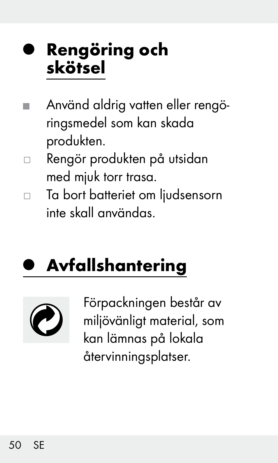 Rengöring och skötsel, Avfallshantering | Livarno Z31603/Z30425B User Manual | Page 50 / 127