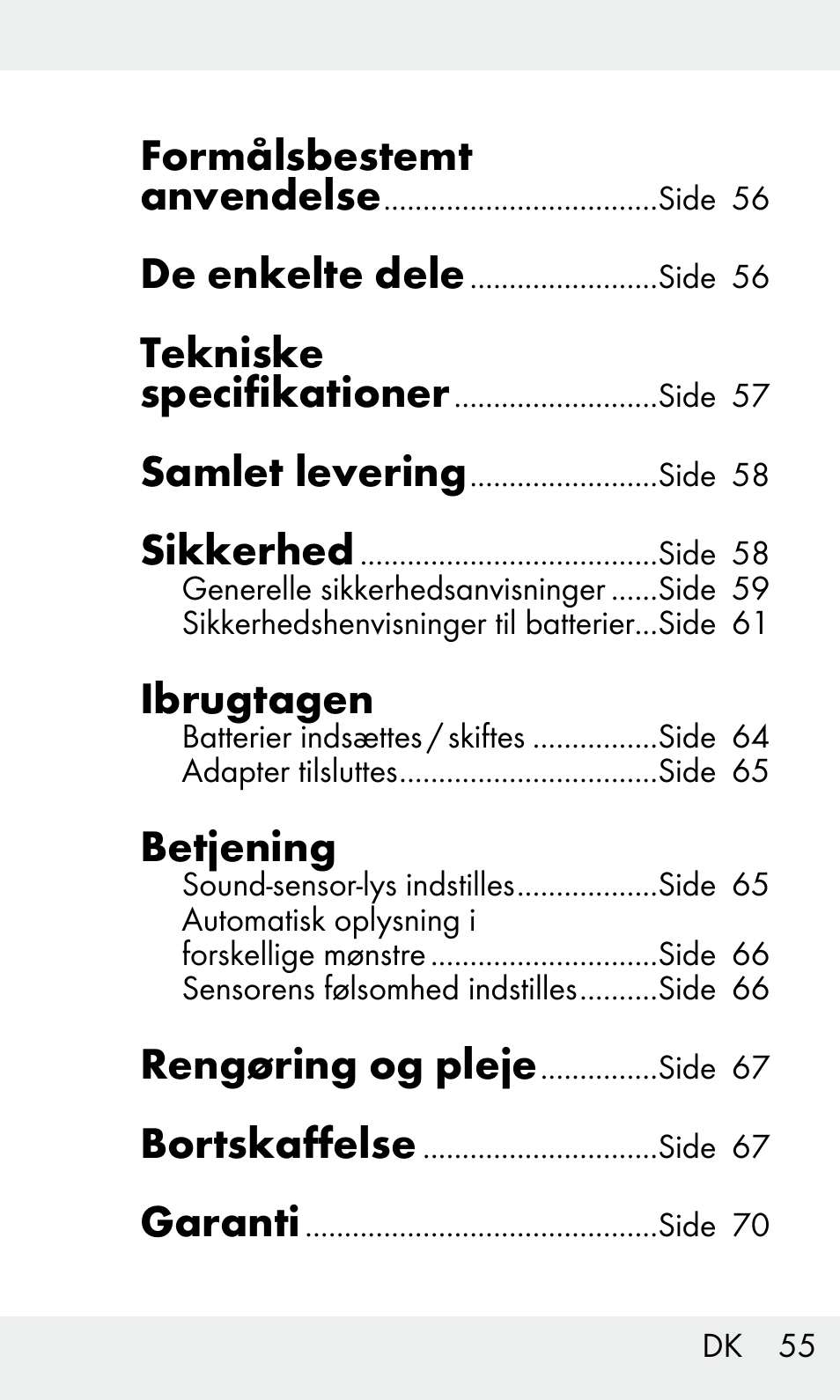 Formålsbestemt anvendelse, De enkelte dele, Tekniske specifikationer | Samlet levering, Sikkerhed, Ibrugtagen, Betjening, Rengøring og pleje, Bortskaffelse, Garanti | Livarno Z31603/Z30425B User Manual | Page 55 / 127