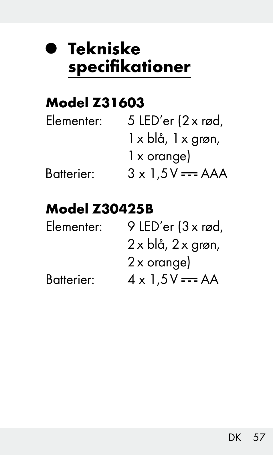 Tekniske specifikationer | Livarno Z31603/Z30425B User Manual | Page 57 / 127