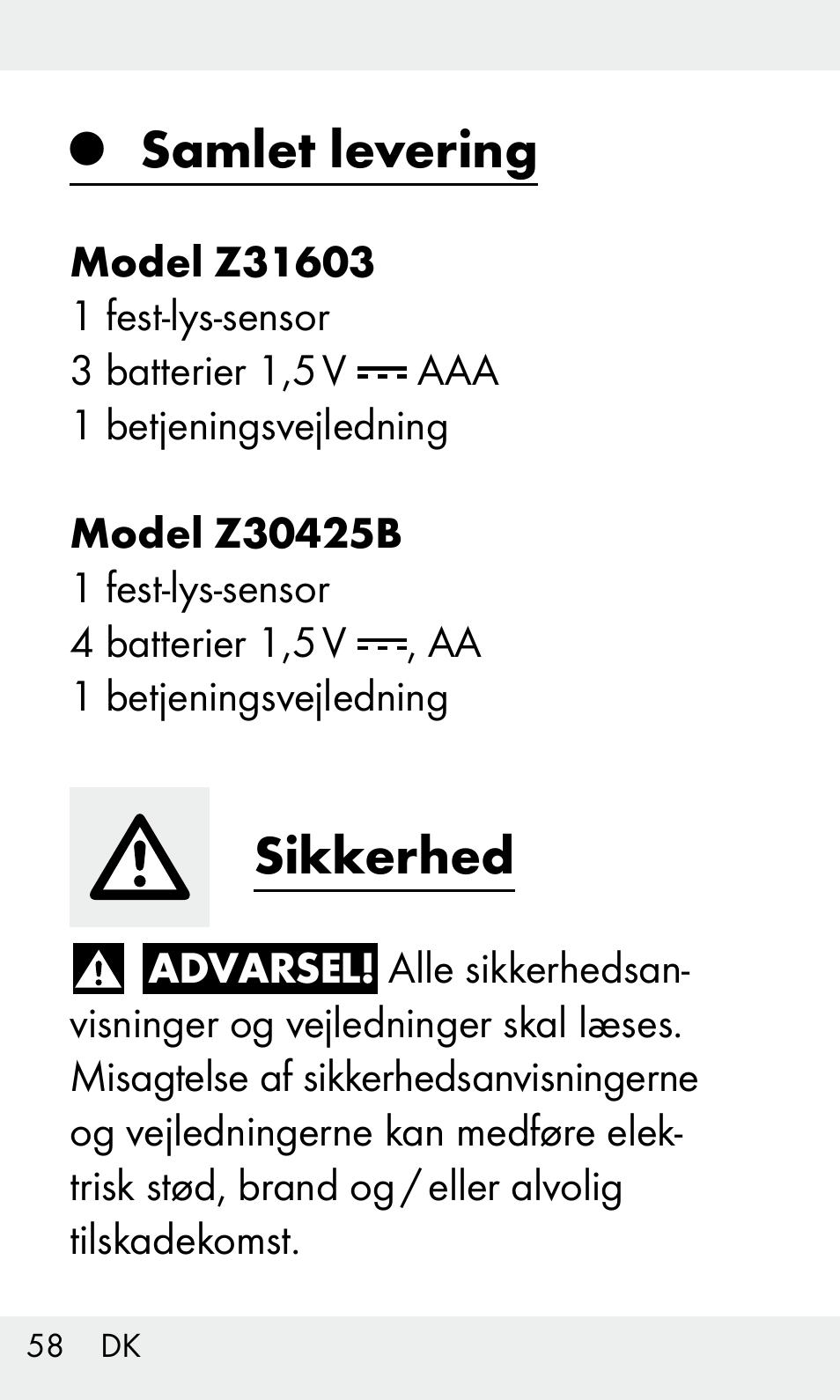 Samlet levering, Sikkerhed | Livarno Z31603/Z30425B User Manual | Page 58 / 127