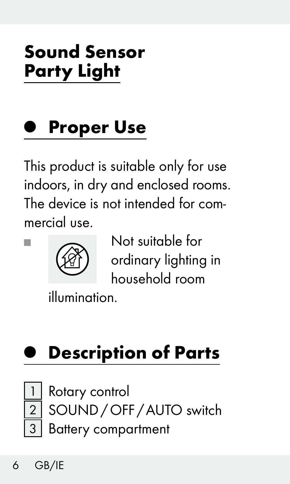 Sound sensor party light proper use, Description of parts | Livarno Z31603/Z30425B User Manual | Page 6 / 127