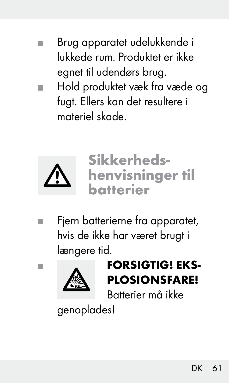 Sikkerheds- henvisninger til batterier | Livarno Z31603/Z30425B User Manual | Page 61 / 127