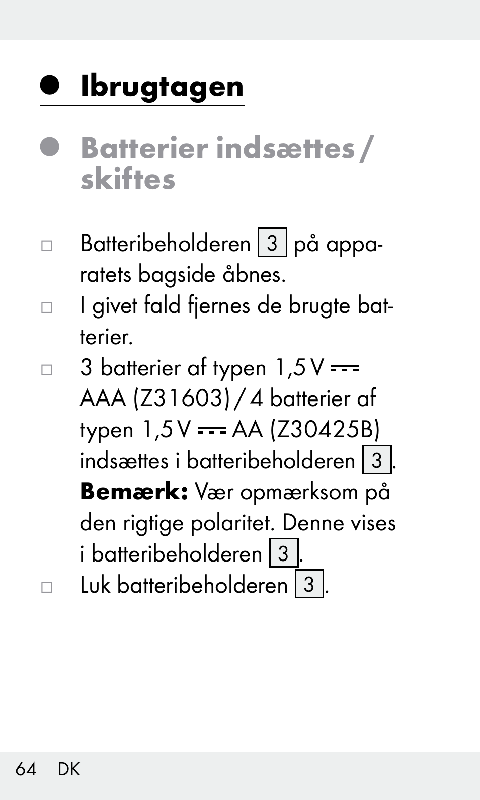 Ibrugtagen, Batterier indsættes / skiftes | Livarno Z31603/Z30425B User Manual | Page 64 / 127