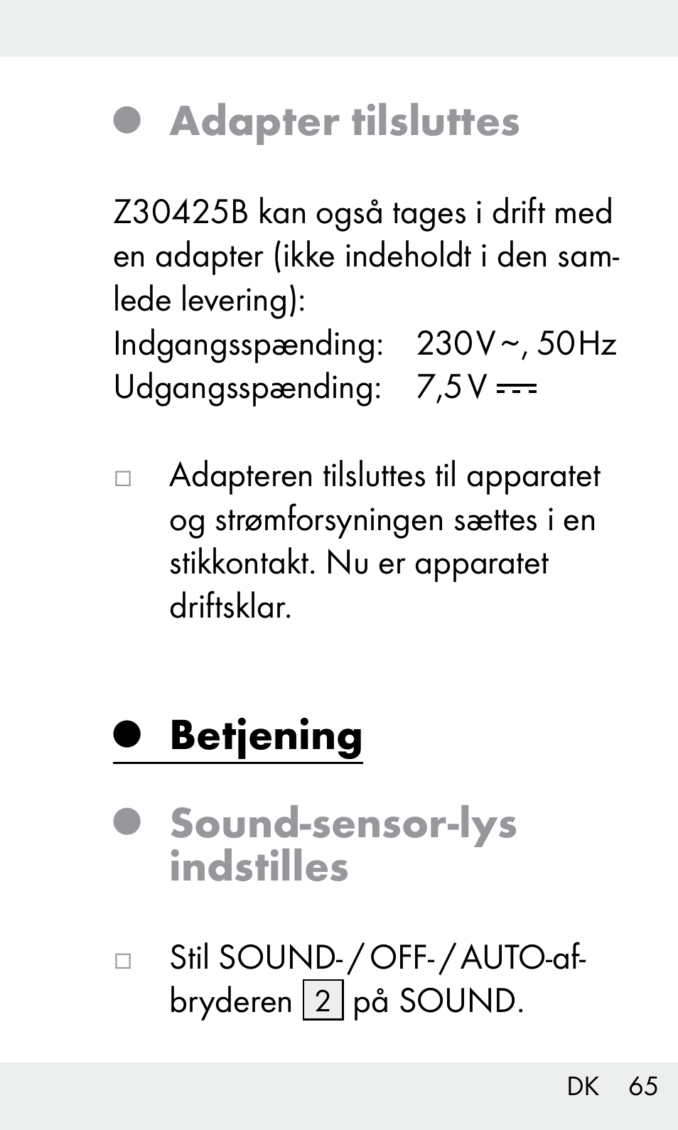 Adapter tilsluttes, Betjening, Sound-sensor-lys indstilles | Livarno Z31603/Z30425B User Manual | Page 65 / 127