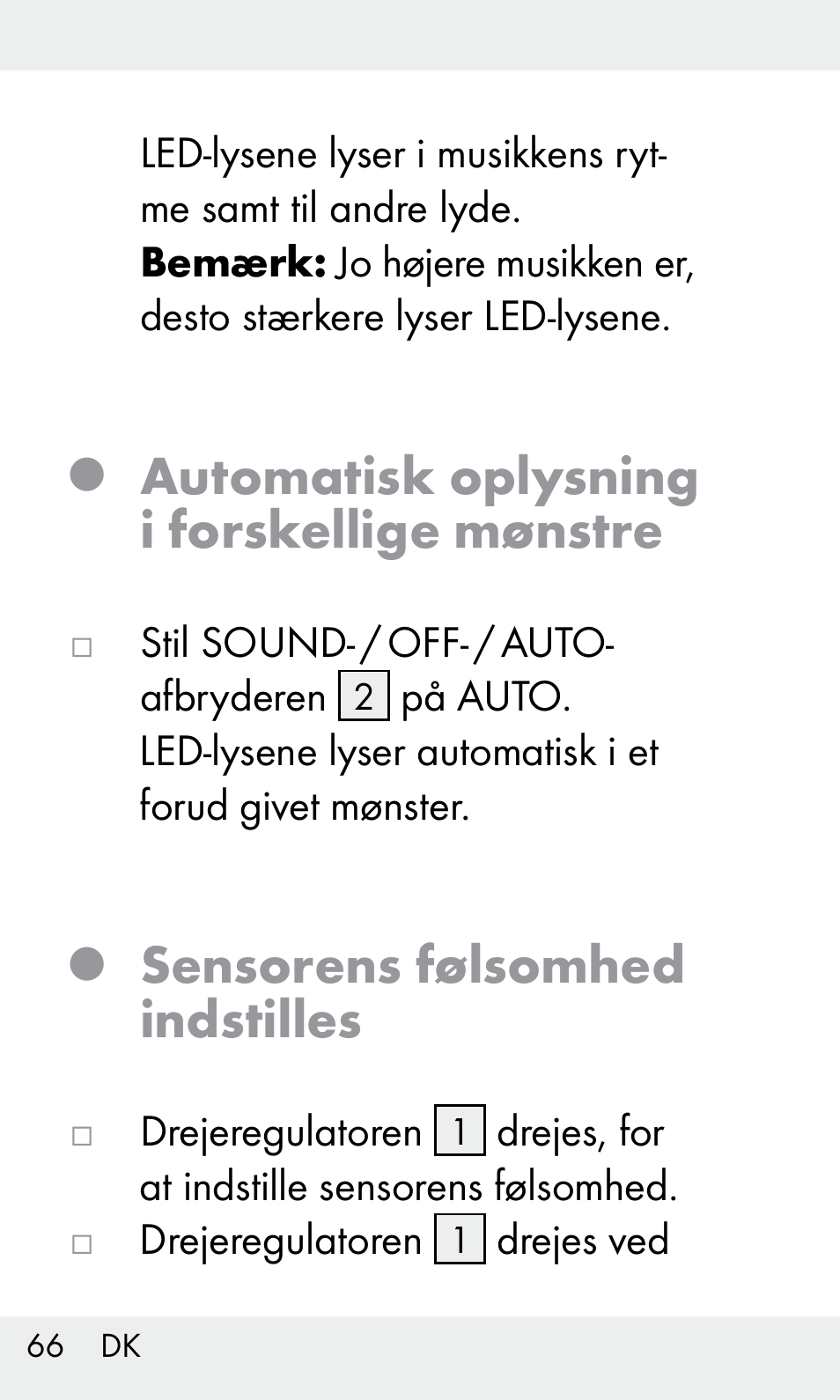 Automatisk oplysning i forskellige mønstre, Sensorens følsomhed indstilles | Livarno Z31603/Z30425B User Manual | Page 66 / 127