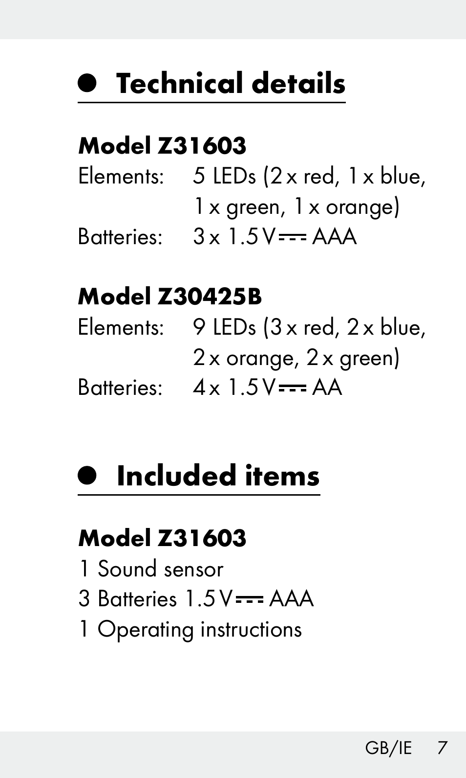 Technical details, Included items | Livarno Z31603/Z30425B User Manual | Page 7 / 127